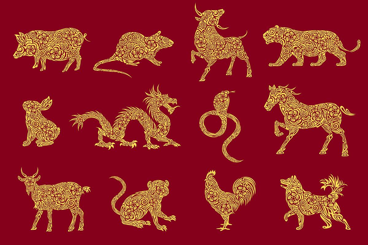 Die 12 chinesischen Tierkreiszeichen als Illustrationen 