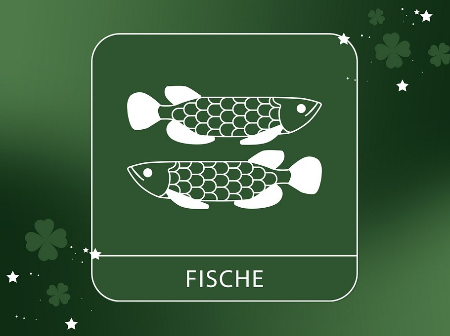Abbildung vom Sternzeichen Fische vor einem grünen Hintergrund mit vierblättrigem Klee