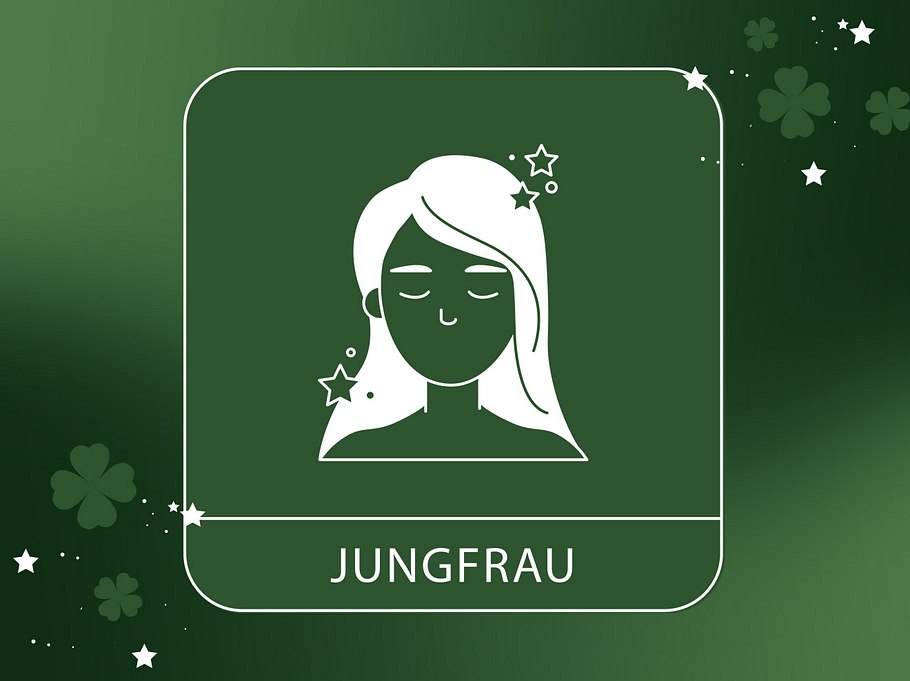 Abbildung vom Sternzeichen Jungfrau vor einem grünen Hintergrund mit vierblättrigem Klee