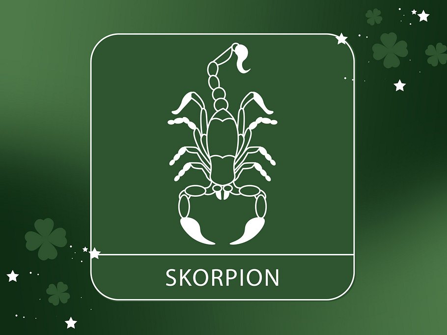 Abbildung vom Sternzeichen Skorpion vor einem grünen Hintergrund mit vierblättrigem Klee