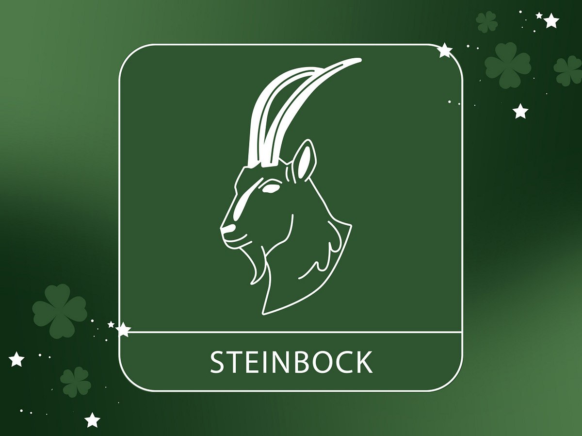 Abbildung vom Sternzeichen Steinbock vor einem grünen Hintergrund mit vierblättrigem Klee