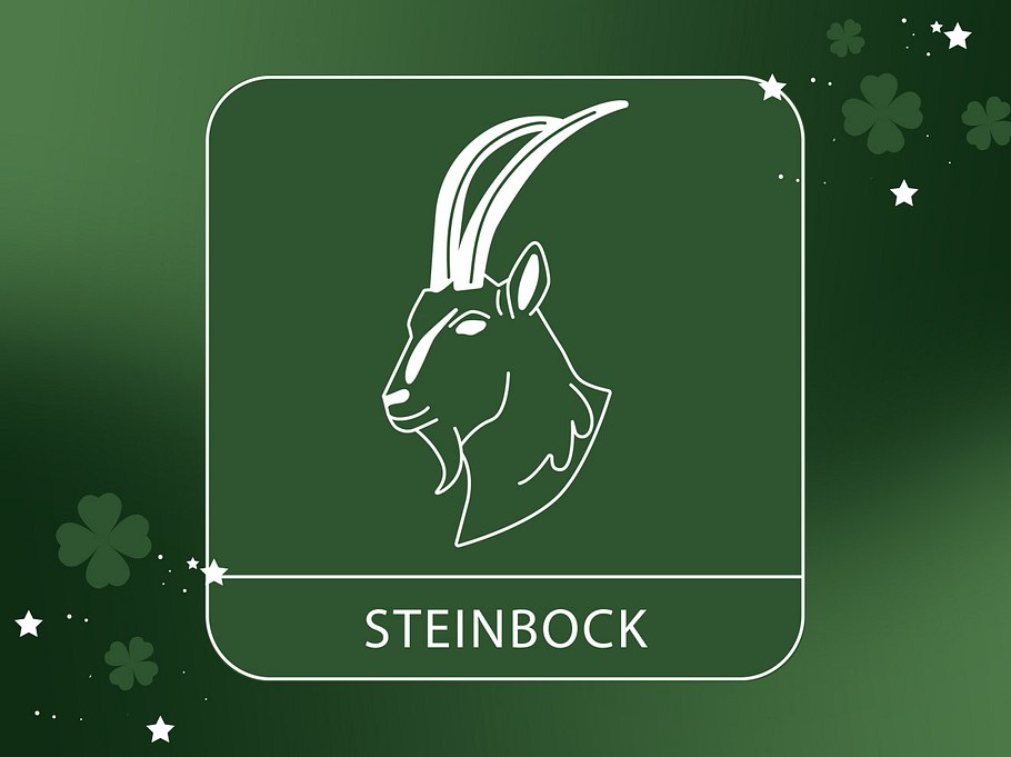Abbildung vom Sternzeichen Steinbock  vor einem grünen Hintergrund mit vierblättrigem Klee