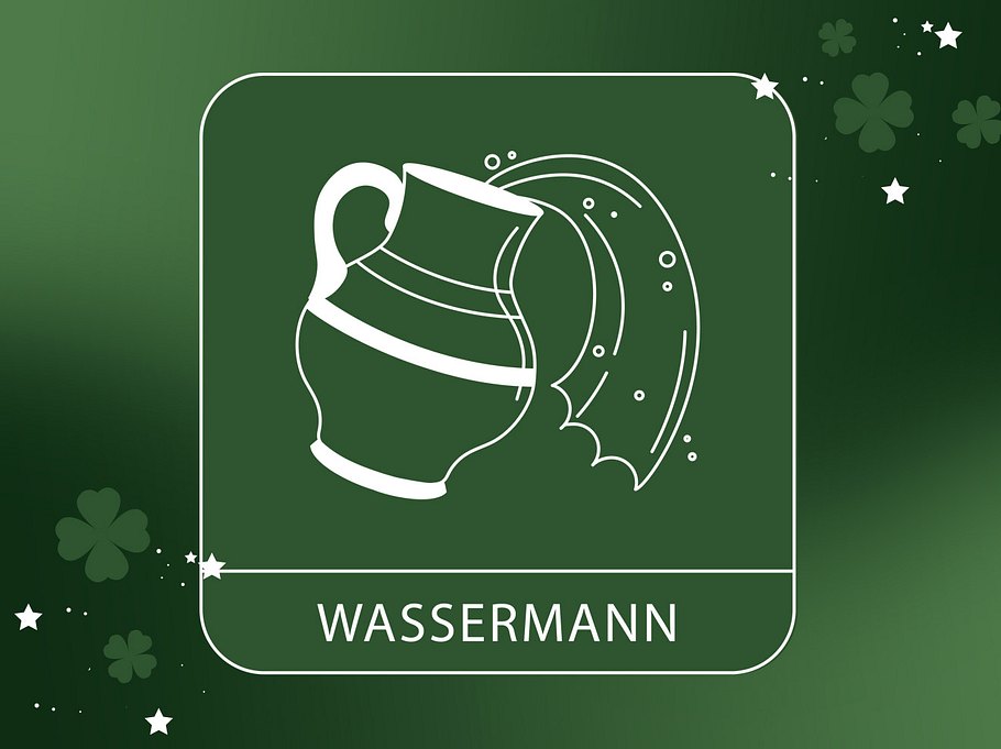 Abbildung vom Sternzeichen Wassermann  vor einem grünen Hintergrund mit vierblättrigem Klee