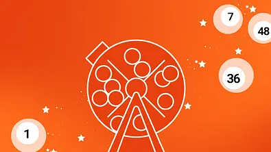 Abbildung einer Lostrommel vor orangefarbenen Hintergrund mit Lotteriekugeln - Foto: Redaktion Astrowoche