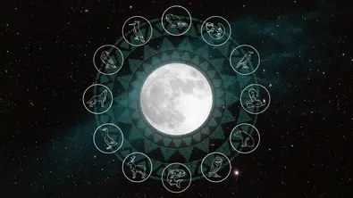 Der Mond umgeben von den 12 indianischen Sternzeichen - Foto: Collage von Astrowoche (Dominica Zaborowski) & iStock (Luftaufnahme Bayern / irinelle / Dimitris66