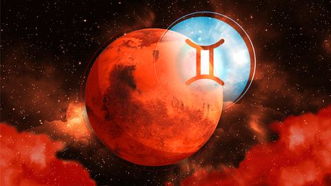 Grafik vom Sternzeichen Zwillinge mit Planet Mars in einem roten Hintergrund - Foto: Collage von Astrowoche.de (Dominica Zaborowski) & iStock (pixelparticle / CHIARI_VFX / Jian Fan)