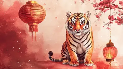 Zeichnung eines Tigers umgeben von zwei Lampions und Kirschblütenzweigen - Foto: AdobeStock/Johannes (generiert mit KI)