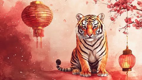 Zeichnung eines Tigers umgeben von zwei Lampions und Kirschblütenzweigen - Foto: AdobeStock/Johannes (generiert mit KI)
