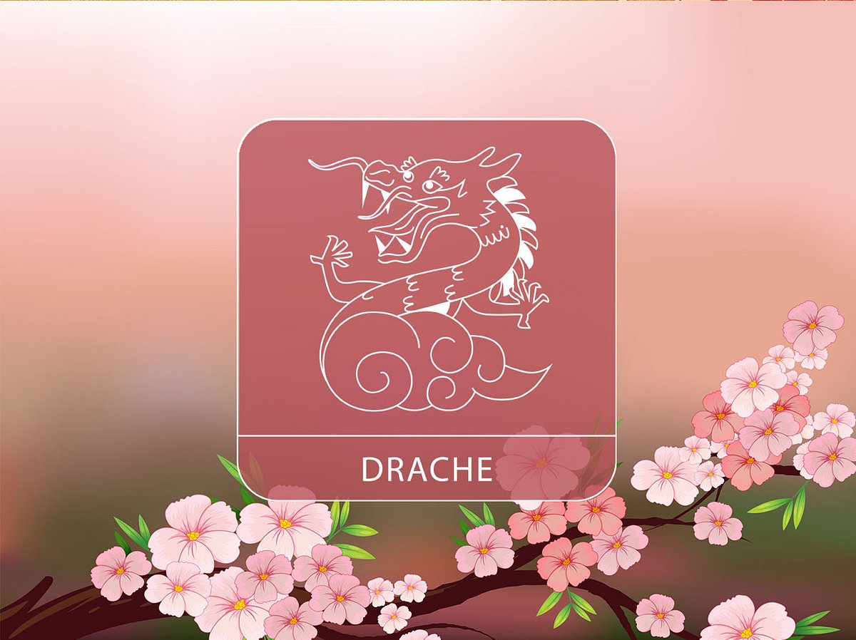 Sternzeichen Drache vor einem romantischen Hintergrund mit Kirschblüten