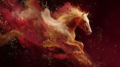 Ein weißes Pferd galoppiert aus einer Wolke aus goldenen und roten Nebelschwaden - Foto: Janna / AdobeStock