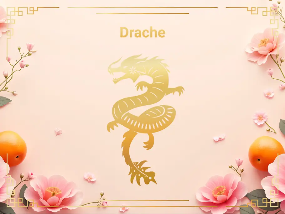 Das Sternzeichen Drache, umgeben von pinken Blumen und Orangen.