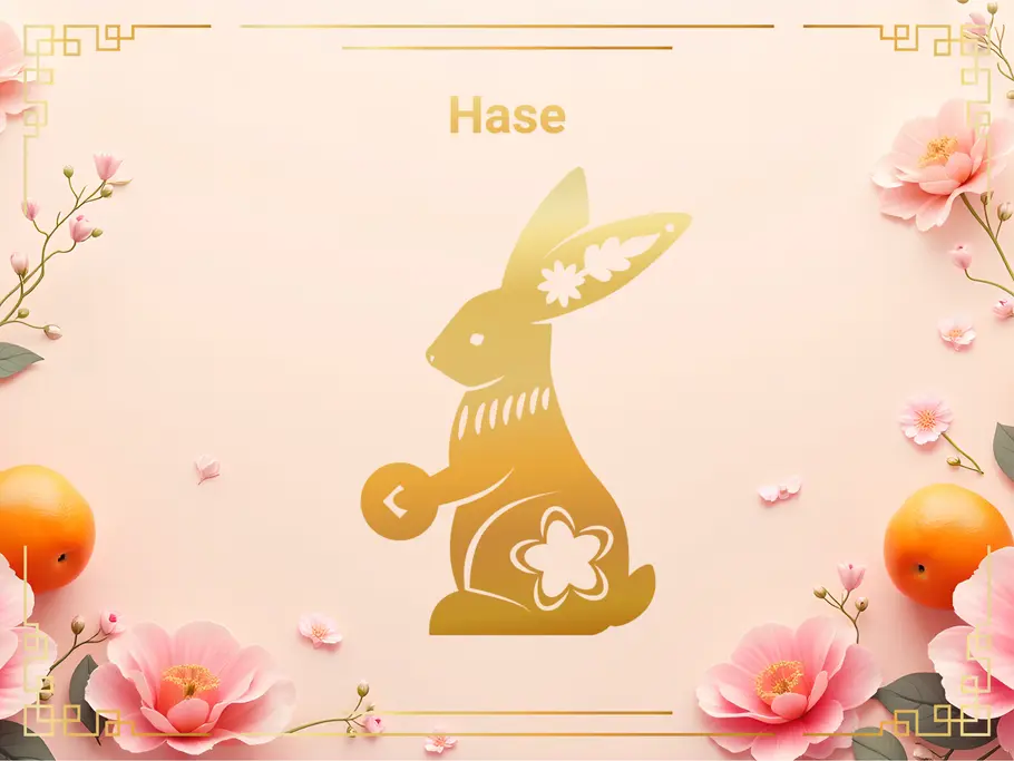 Das Sternzeichen Hase, umgeben von pinken Blumen und Orangen.