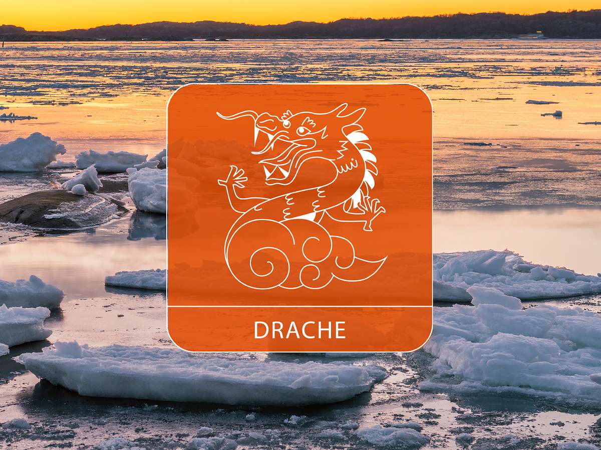 Der Drache vor Eisschollen an der Abendküste