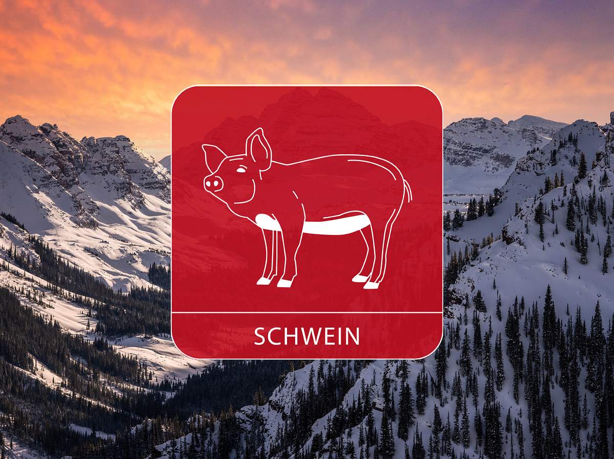 Das Schwein vor einer Berglandschaft im Sonnenuntergang