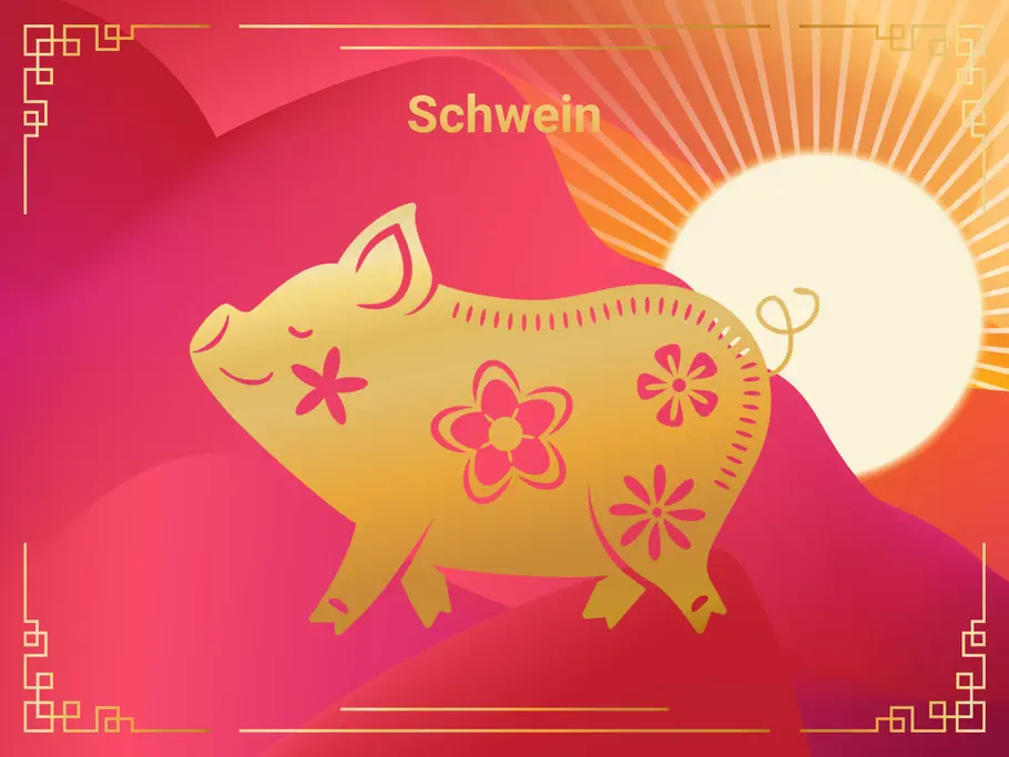 Das Sternzeichen Schwein vor einer Sonne und einem roten Hintergrund