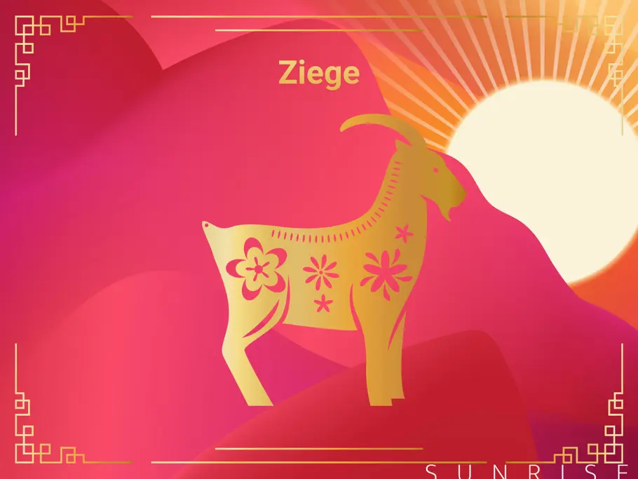 Das Sternzeichen Ziege vor einer Sonne und einem roten Hintergrund