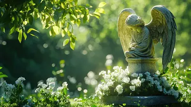 Engelstatue in einem Garten von weißen Blumen umgeben - Foto: savittree / AdobeStock
