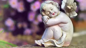 Kleine Engelstatue sitzt auf einer Steinmauer vor einem Blumenstrauch - Foto: izzzy71 / AdobeStock Kleine Engelstatue sitzt auf einer Steinmauer vor einem Blumenstrauch - Foto: izzzy71 / AdobeStock