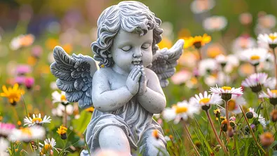 Kleine Engelstatue auf einer Blumenwiese - Foto: AdobeFirefly (generiert mit KI)
