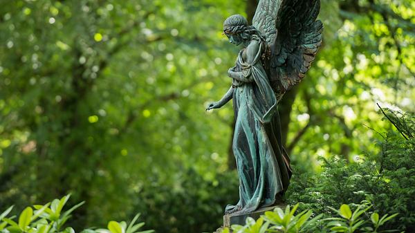 Engelstatue steht in einem grünen Wald - Foto: El Paparazzo / iStock