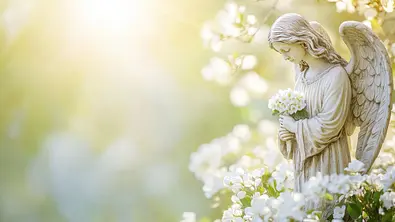 Engelstatue umgeben von weißen Blumen - Foto: savittree  AdobeStock