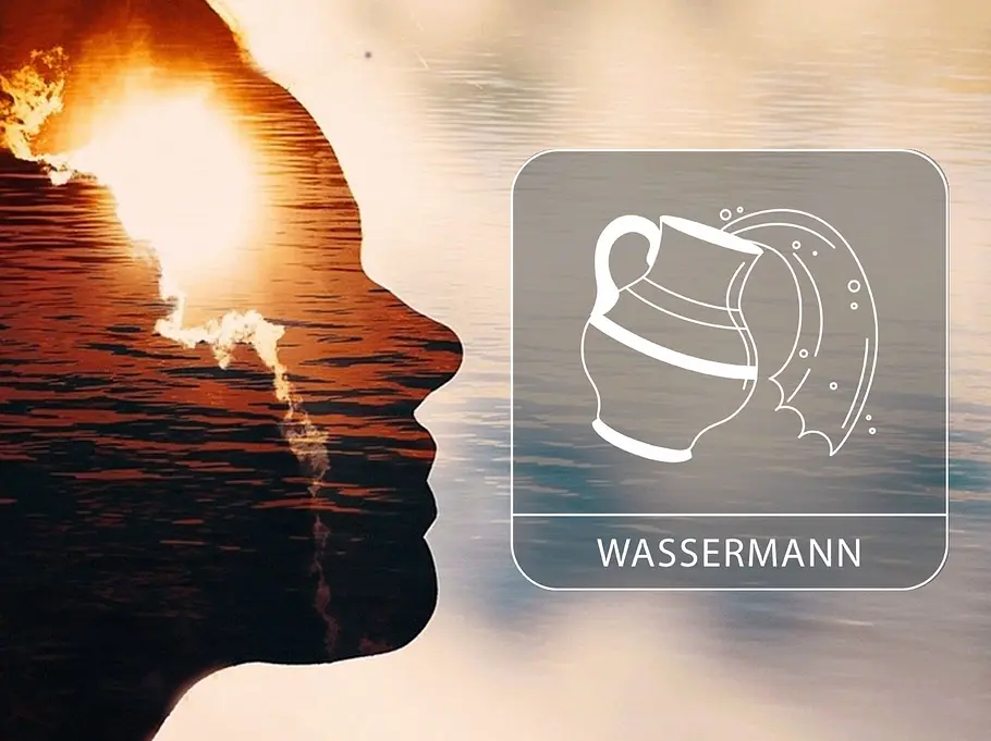 Eine Person als Silhouette, in die eine Sonnenuntergangslandschaft mit Wasser hineingeblendet ist neben dem Sternzeichen Wassermann