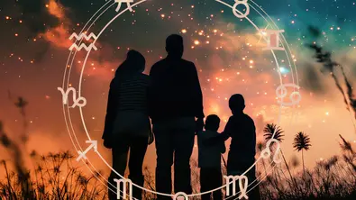 Silhouette einer Familie umgeben von einem Sternzeichenkreis - Foto: Collage mit HNFOTO / AdobeStock und EdvvinStudios / AdobeStock