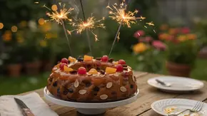 Obstkuchen mit Wunderkerzen auf einem Gartentisch - Foto: AdobeFirefly (generiert mit KI) Obstkuchen mit Wunderkerzen auf einem Gartentisch - Foto: AdobeFirefly (generiert mit KI)