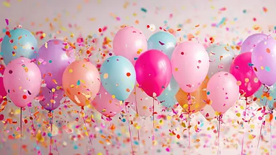 Bunte Luftballon vor einem rosafarbenen Hintergrund umgeben von Konfetti - Foto: phy / AdobeStock
