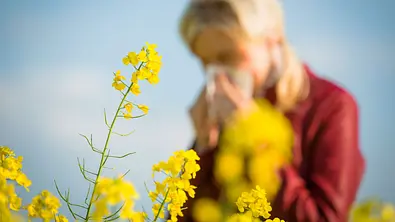 Frau steht mit einem Taschentuch hinter gelben Blüten - Foto: Sandor Jackal / AdobeStock Frau steht mit einem Taschentuch hinter gelben Blüten - Foto: Sandor Jackal / AdobeStock