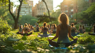 Gruppe von Frauen macht Atemübungen in einem Park - Foto:  Fridocha / AdobeStock