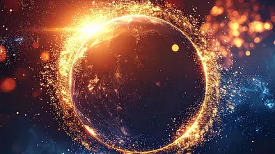 Planet Merkur in einem leuchtenden goldenen Kreis - Foto: Collage mit Johannes / AdobeStock und AdobeFirefly (generiert mit KI)