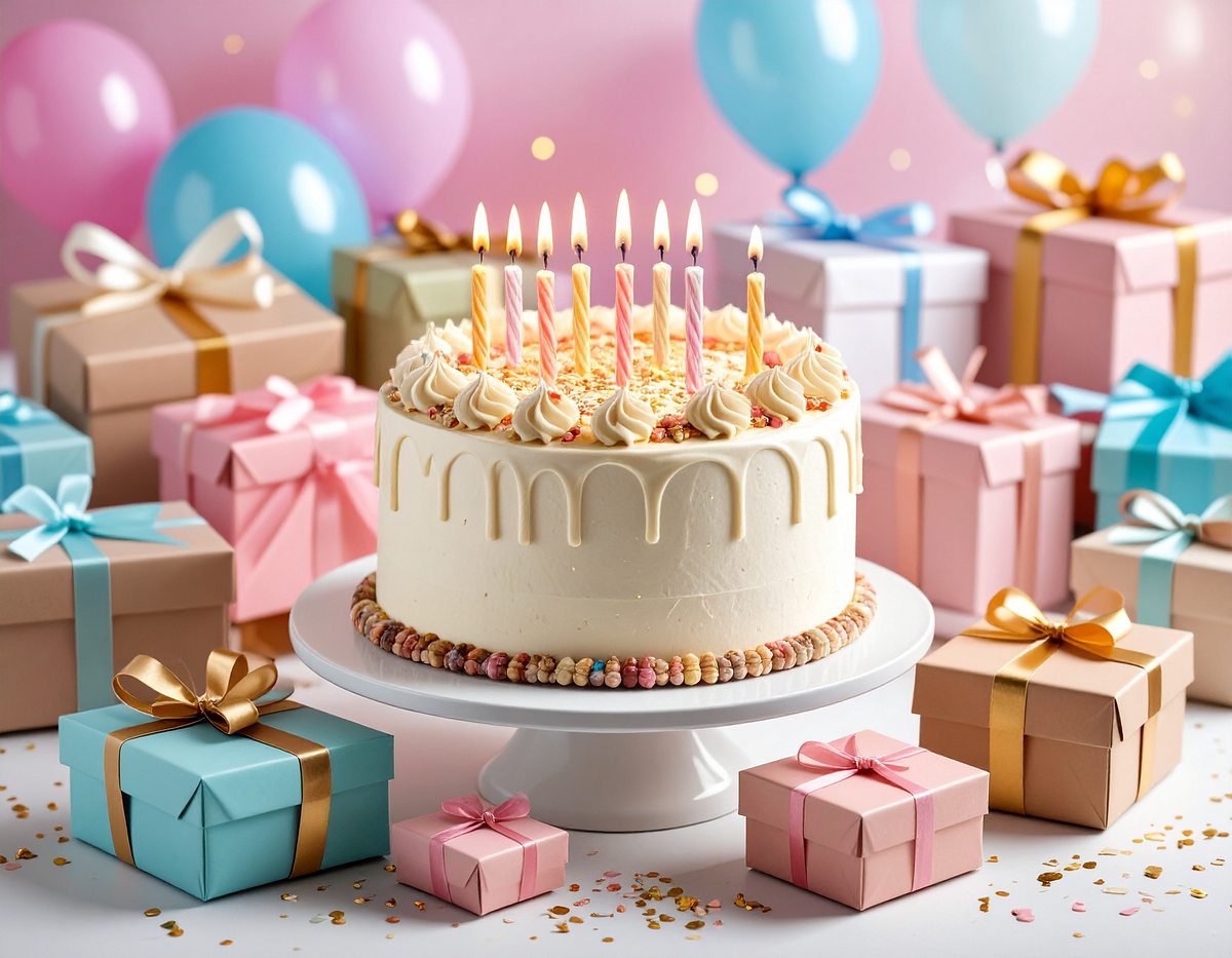 Geburtstagstorte umgeben von Geschenken