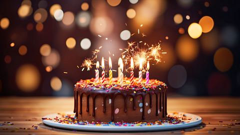 Schokoladentorte mit bunten Kerzen steht in einem erleuchteten Party-Raum - Foto: Framefolio / AdobeStock