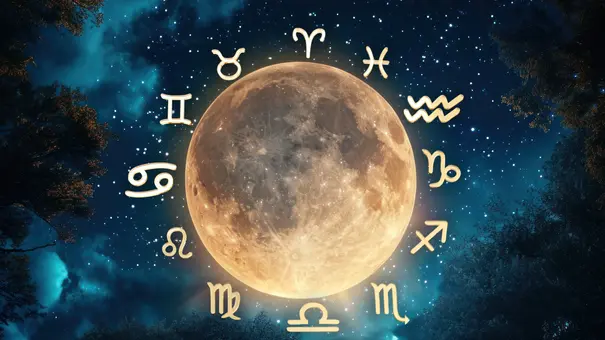 Ein leuchtender Vollmond am Nachthimmel, umgeben von den 12 Sternzeichen - Foto: Collage mit AdobeStock (Anna/New Africa) und Astrowoche.de Ein leuchtender Vollmond am Nachthimmel, umgeben von den 12 Sternzeichen - Foto: Collage mit AdobeStock (Anna/New Africa) und Astrowoche.de