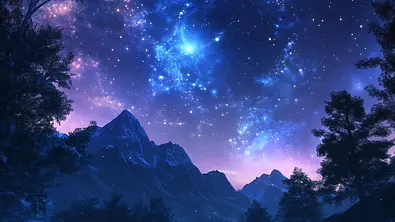 Das Bild zeigt eine Berglandschaft bei Nacht mit Silhouetten von Bäumen im Vordergrund und einem klaren, sternenreichen Himmel. - Foto: ANDREI / AdobeStock