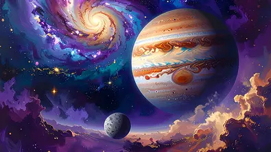 Eine bunte Galaxie mit Jupiter und Merkur - Foto: AdobeFirefly (generiert mit KI)