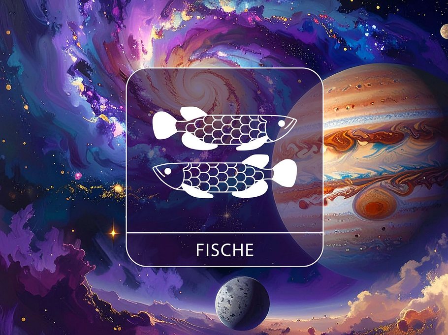 Sternzeichen Fische vor einer bunten Galaxie mit Jupiter und Merkur