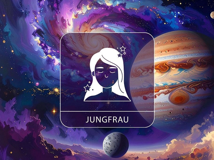 Sternzeichen Jungfrau vor einer bunten Galaxie mit Jupiter und Merkur
