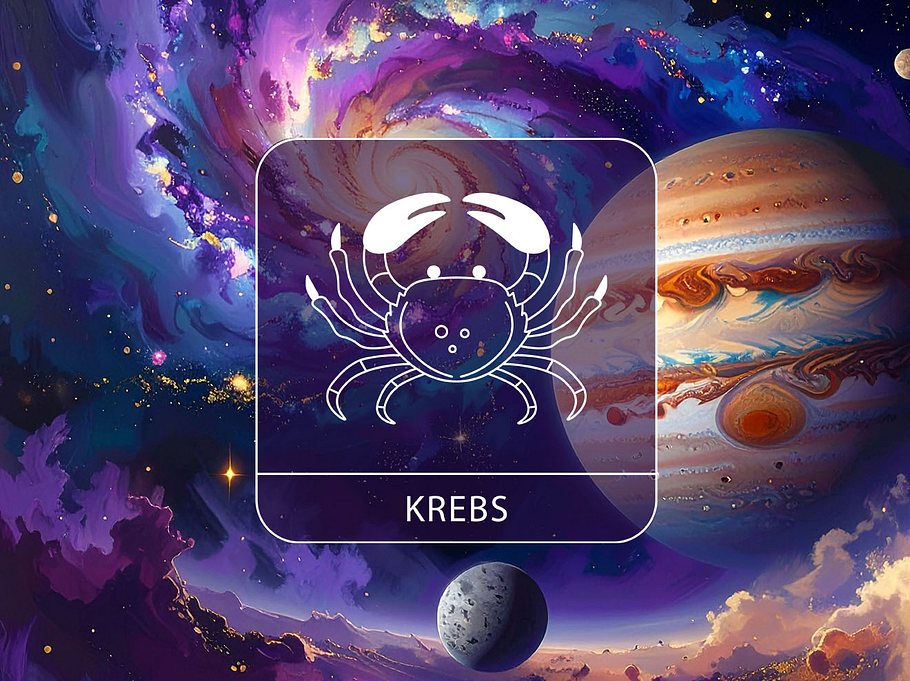 Sternzeichen Krebs vor einer bunten Galaxie mit Jupiter und Merkur