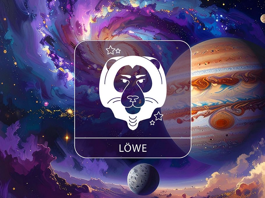 Sternzeichen Löwe vor einer bunten Galaxie mit Jupiter und Merkur