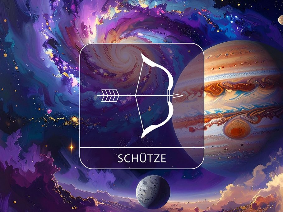 Sternzeichen Schütze vor einer bunten Galaxie mit Jupiter und Merkur