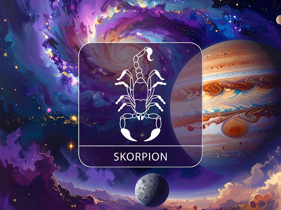 Sternzeichen Skorpion vor einer bunten Galaxie mit Jupiter und Merkur