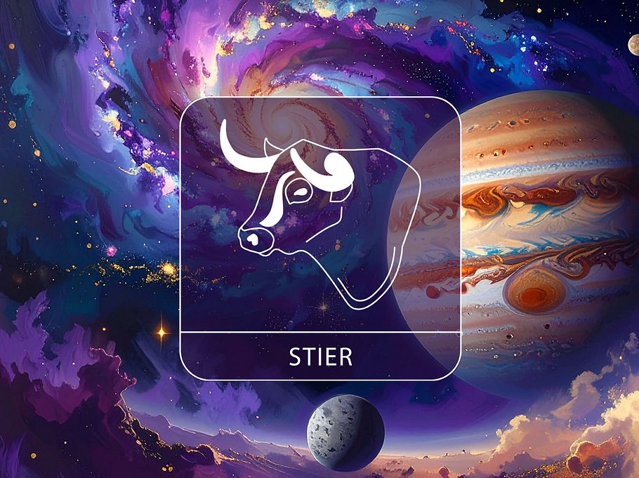 Sternzeichen Stier vor einer bunten Galaxie mit Jupiter und Merkur