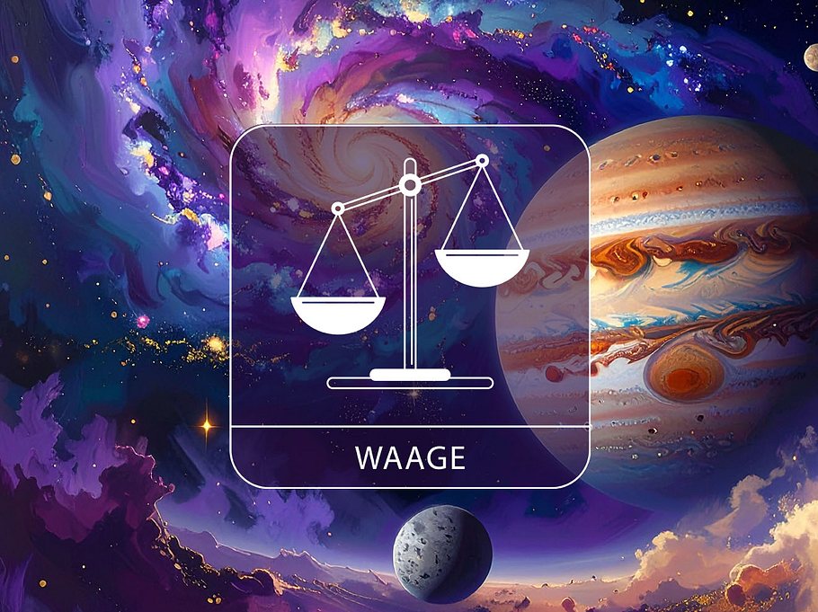Sternzeichen Waage vor einer bunten Galaxie mit Jupiter und Merkur