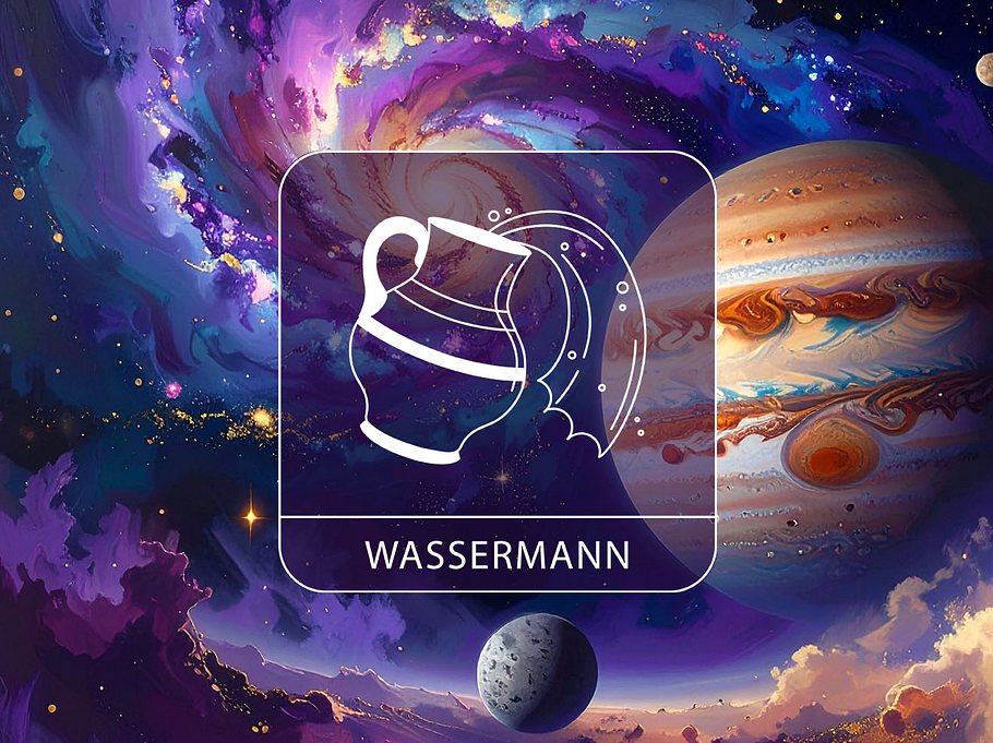 Sternzeichen Wassermann vor einer bunten Galaxie mit Jupiter und Merkur