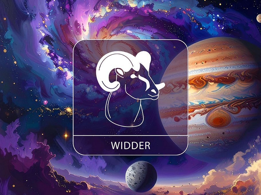 Sternzeichen Widder vor einer bunten Galaxie mit Jupiter und Merkur