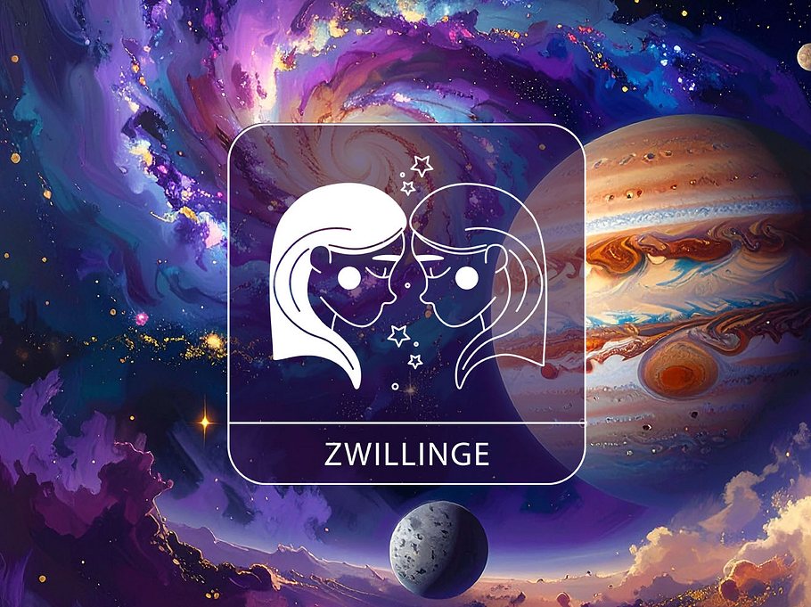 Sternzeichen Zwillinge vor einer bunten Galaxie mit Jupiter und Merkur