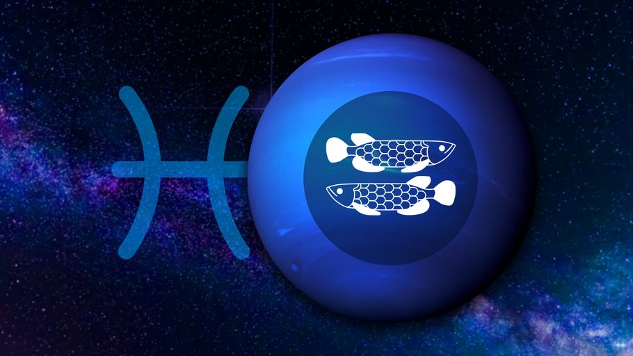 Sternzeichen Fische vor seinem Herrscherplanet dem Neptun und seinem Sternzeichen-Symbol vor einem galaktischen Hintergrund.
