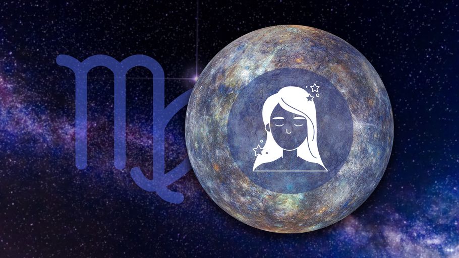 Sternzeichen Jungfrau vor seinem Herrscherplanet dem Merkur und seinem Sternzeichen-Symbol vor einem galaktischen Hintergrund.